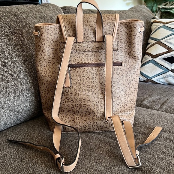 Guess Logo Backpack Tan/Beige/Brown Faux Leather - 12 x 12 x 5 - Picture 4 of 12